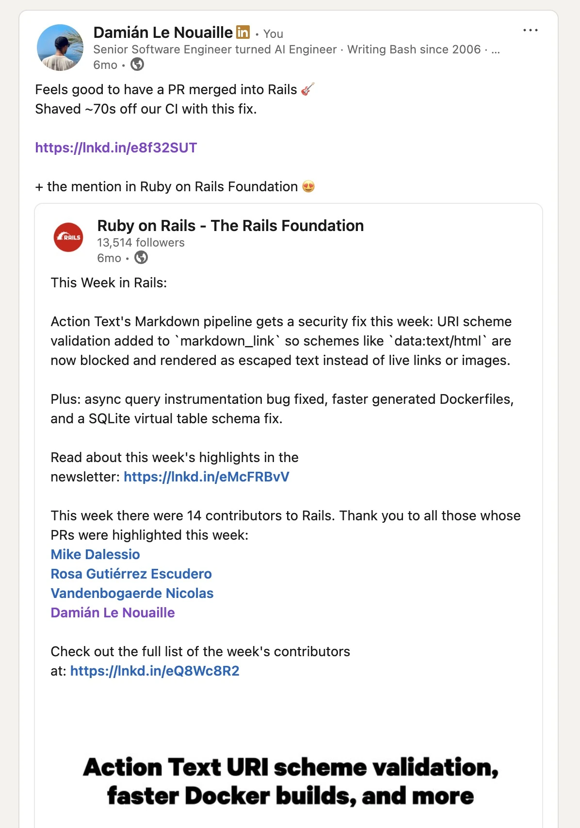 My LinkedIn post about the Rails PR and the Rails Foundation mention