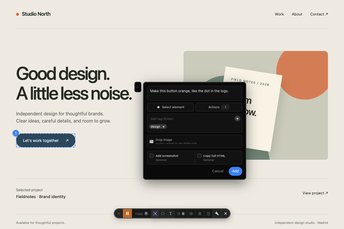 The current Page Feedback editor: a button selected on Studio North’s portfolio, a design note, tags, image attachment and optional capture controls.
