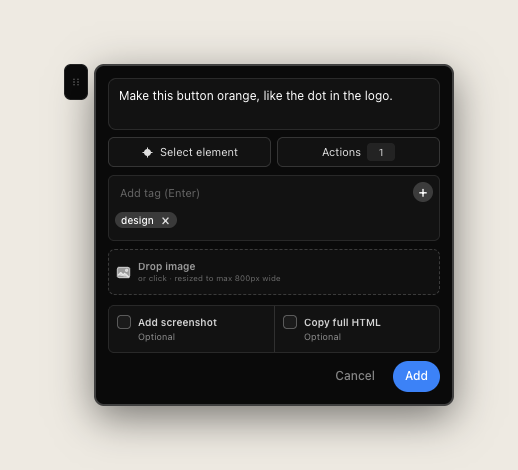 The annotation editor with the comment, element reference, actions, tags, image attachment and capture options.