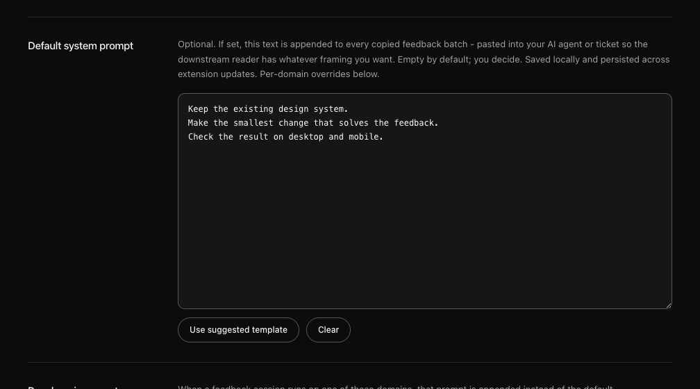 Default system prompt: keep the design system, make the smallest change, check desktop and mobile.