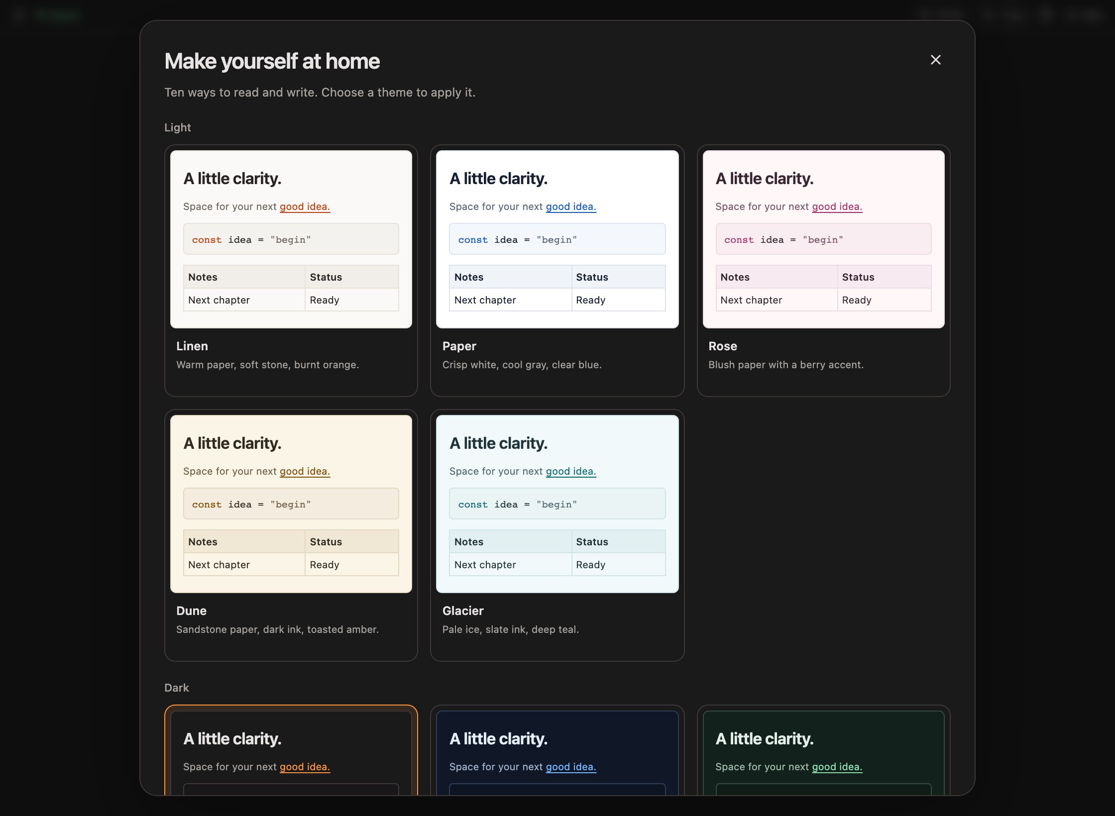 The real Markdown Inline palette picker showing ten light and dark document themes.
